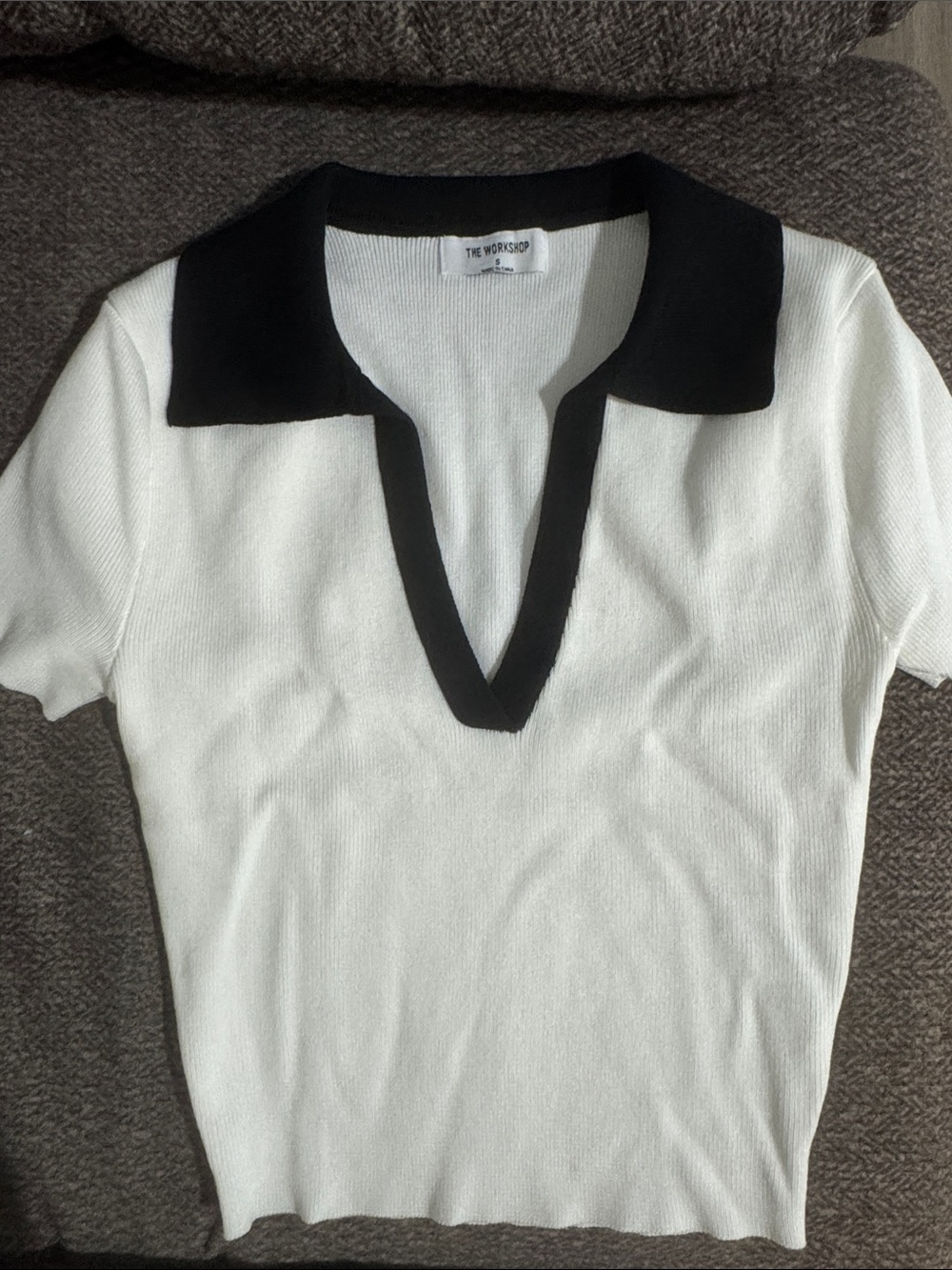 Workshop Republic Clothing White Knit Top with Black Collar